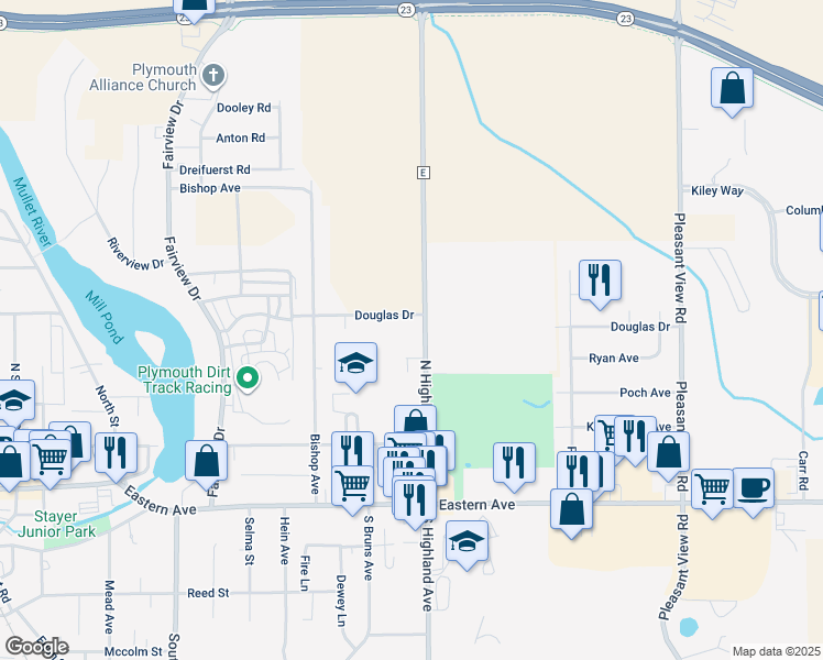 map of restaurants, bars, coffee shops, grocery stores, and more near 432 North Highland Avenue in Plymouth