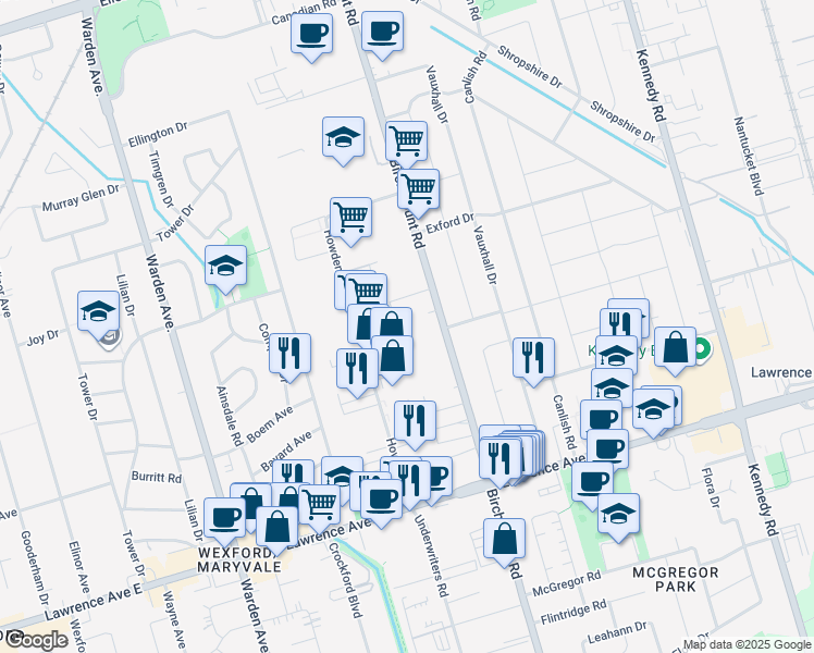 map of restaurants, bars, coffee shops, grocery stores, and more near in Toronto