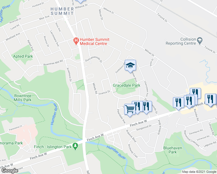 map of restaurants, bars, coffee shops, grocery stores, and more near 120 Duncanwoods Drive in Toronto