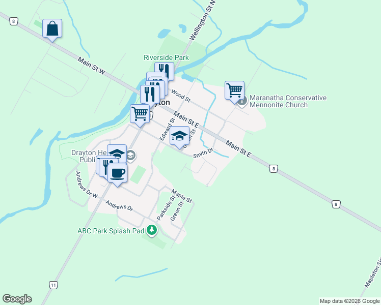 map of restaurants, bars, coffee shops, grocery stores, and more near 22 Smith Drive in Drayton