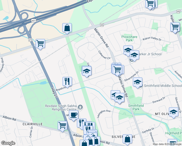 map of restaurants, bars, coffee shops, grocery stores, and more near 54 Cassis Drive in Toronto