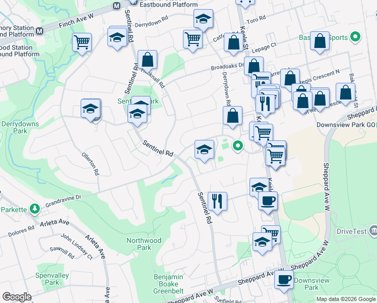 map of restaurants, bars, coffee shops, grocery stores, and more near 143 Grandravine Drive in Toronto