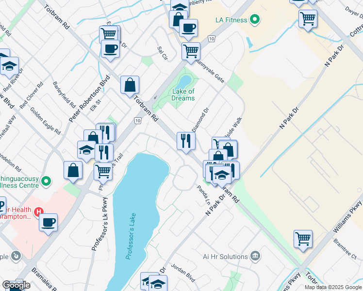 map of restaurants, bars, coffee shops, grocery stores, and more near Prospect Gate in Brampton