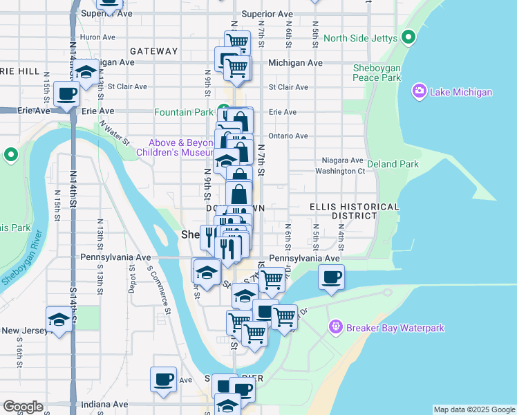 map of restaurants, bars, coffee shops, grocery stores, and more near 710 New York Avenue in Sheboygan