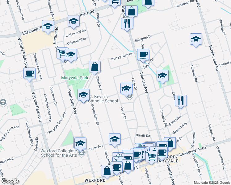 map of restaurants, bars, coffee shops, grocery stores, and more near 136 Tower Drive in Toronto