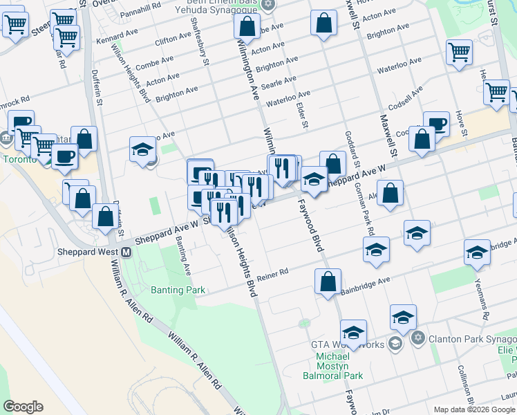 map of restaurants, bars, coffee shops, grocery stores, and more near 871 Sheppard Avenue West in Toronto