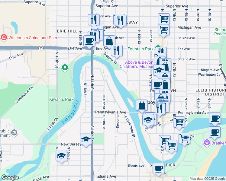 map of restaurants, bars, coffee shops, grocery stores, and more near 639 North Commerce Street in Sheboygan