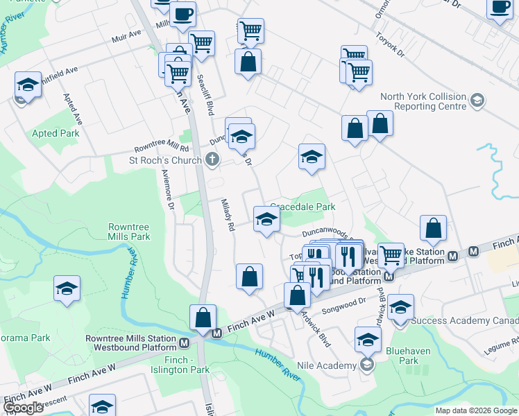 map of restaurants, bars, coffee shops, grocery stores, and more near 120 Duncanwoods Drive in Toronto