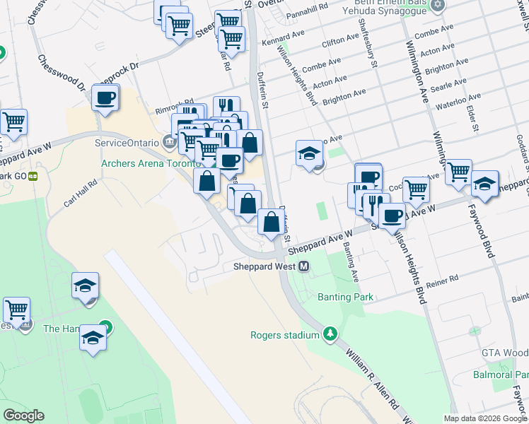 map of restaurants, bars, coffee shops, grocery stores, and more near 10 De Boers Drive in Toronto