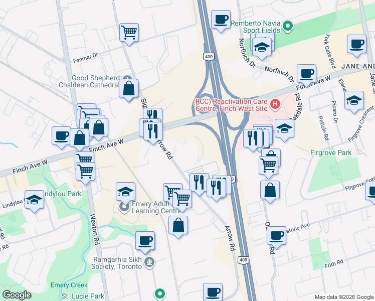 map of restaurants, bars, coffee shops, grocery stores, and more near 1111 Arrow Road in Toronto