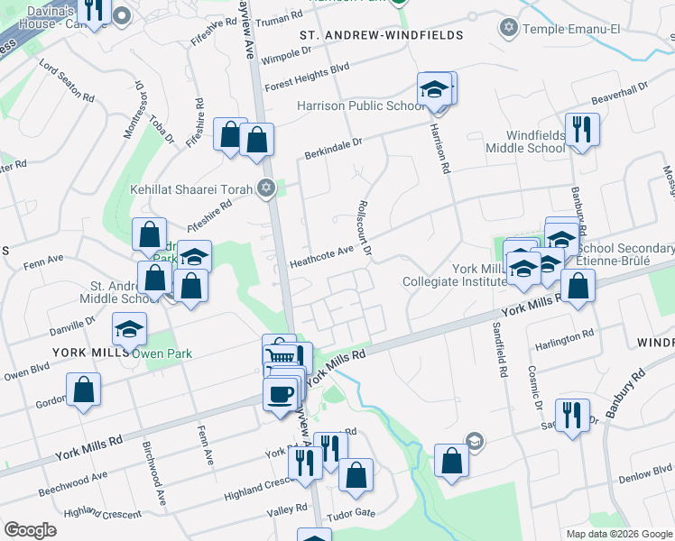 map of restaurants, bars, coffee shops, grocery stores, and more near 32 Crimson Millway in Toronto