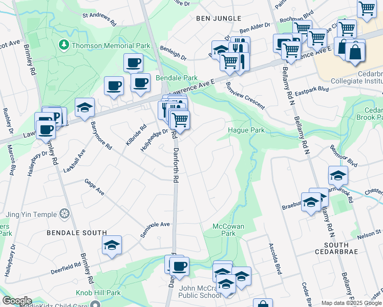 map of restaurants, bars, coffee shops, grocery stores, and more near 56 Perivale Crescent in Toronto
