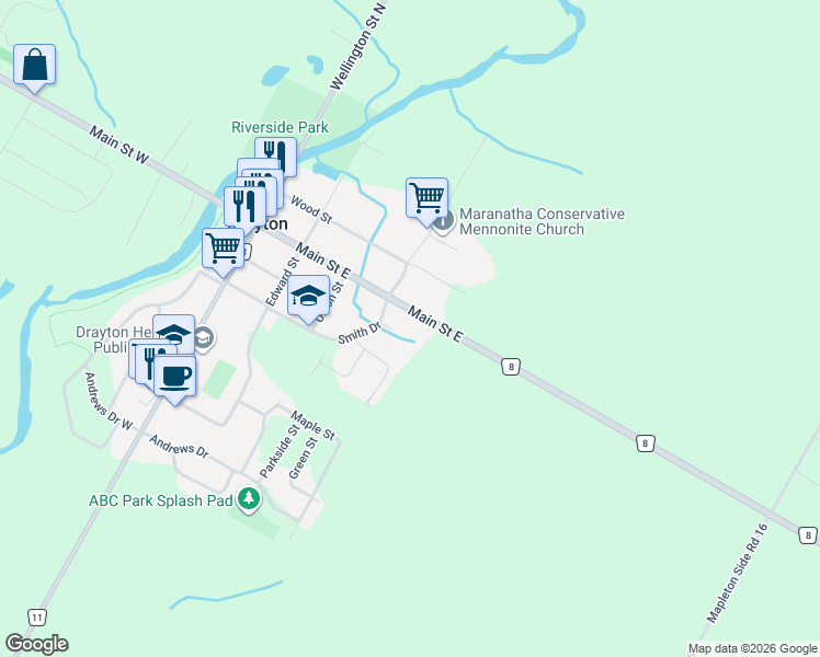 map of restaurants, bars, coffee shops, grocery stores, and more near 79 Main Street East in Alma