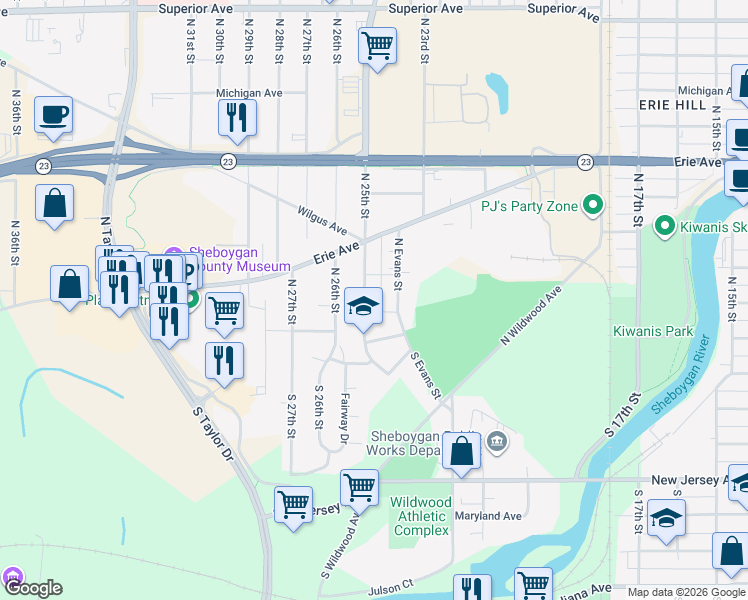 map of restaurants, bars, coffee shops, grocery stores, and more near 639 N 25th St in Sheboygan