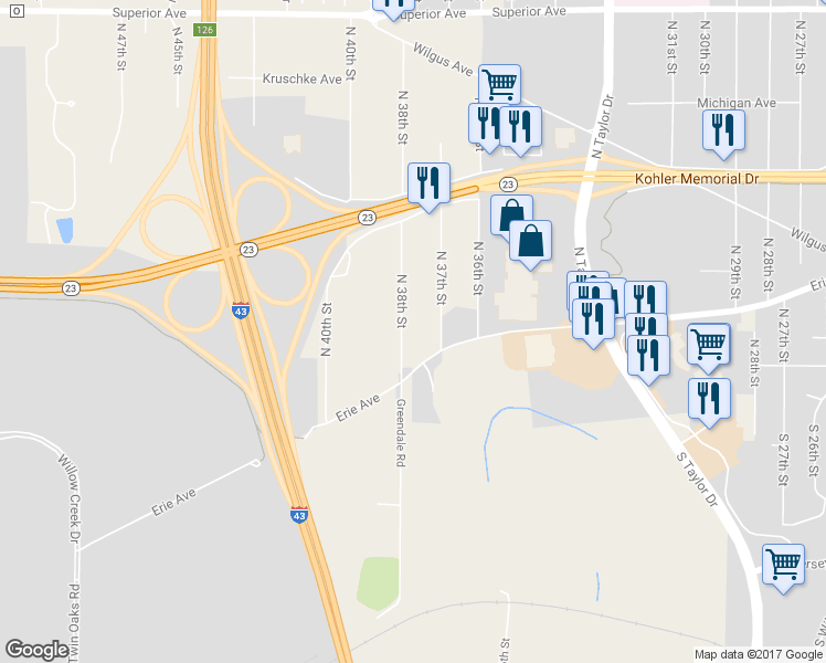 map of restaurants, bars, coffee shops, grocery stores, and more near 705 North 38th Street in Sheboygan