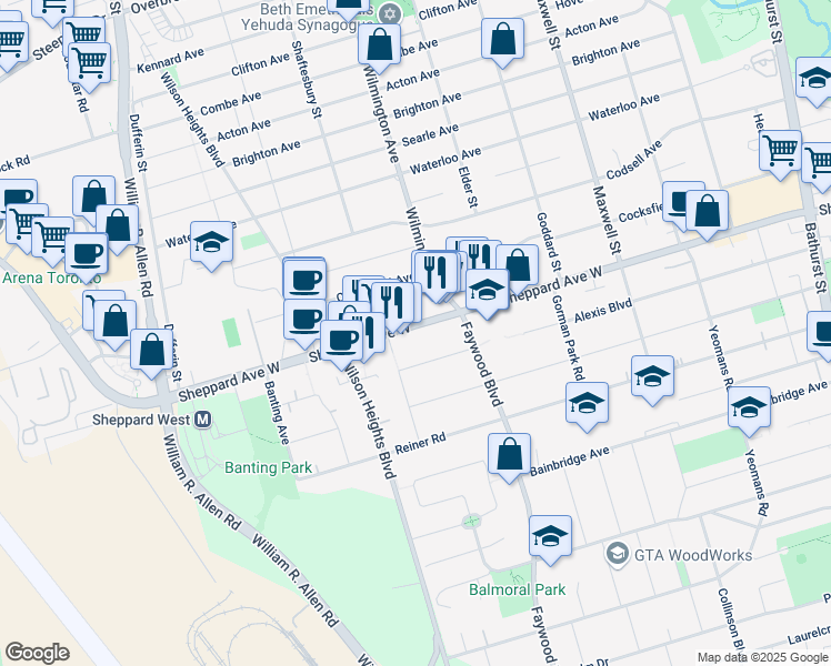 map of restaurants, bars, coffee shops, grocery stores, and more near in Toronto