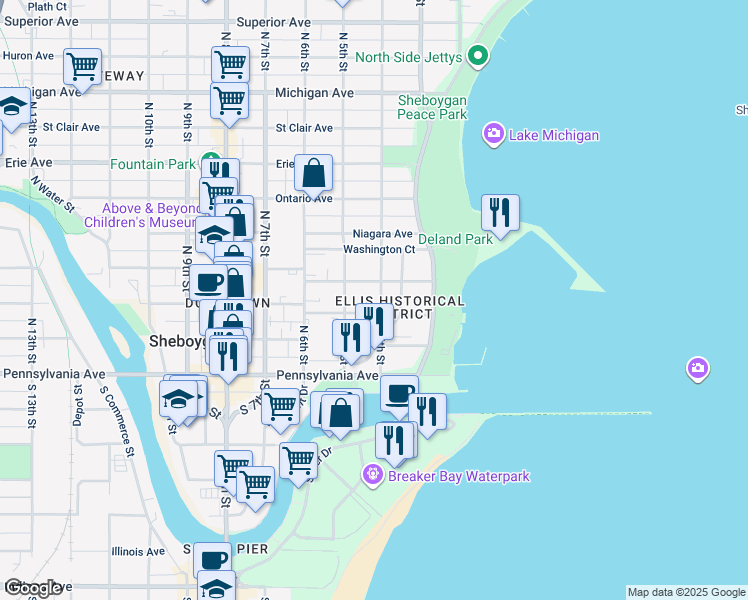 map of restaurants, bars, coffee shops, grocery stores, and more near in Sheboygan