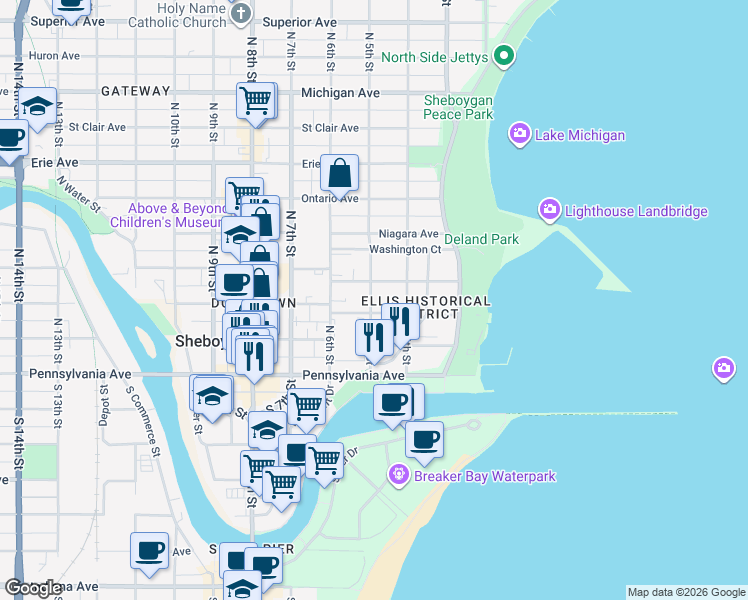 map of restaurants, bars, coffee shops, grocery stores, and more near 508 New York Avenue in Sheboygan