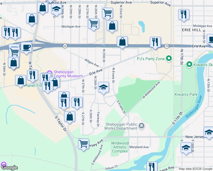 map of restaurants, bars, coffee shops, grocery stores, and more near 639 North 25th Street in Sheboygan
