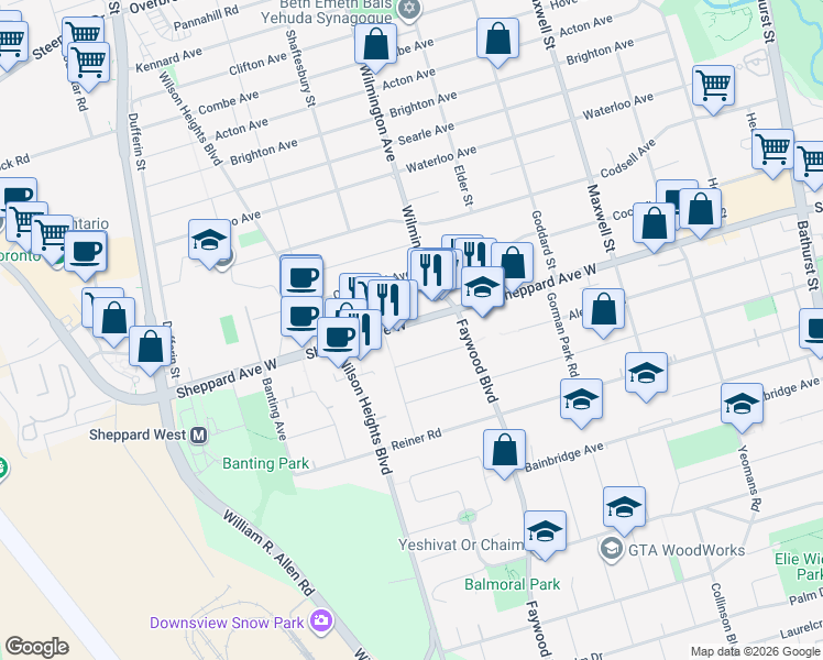 map of restaurants, bars, coffee shops, grocery stores, and more near 861 Sheppard Avenue West in Toronto