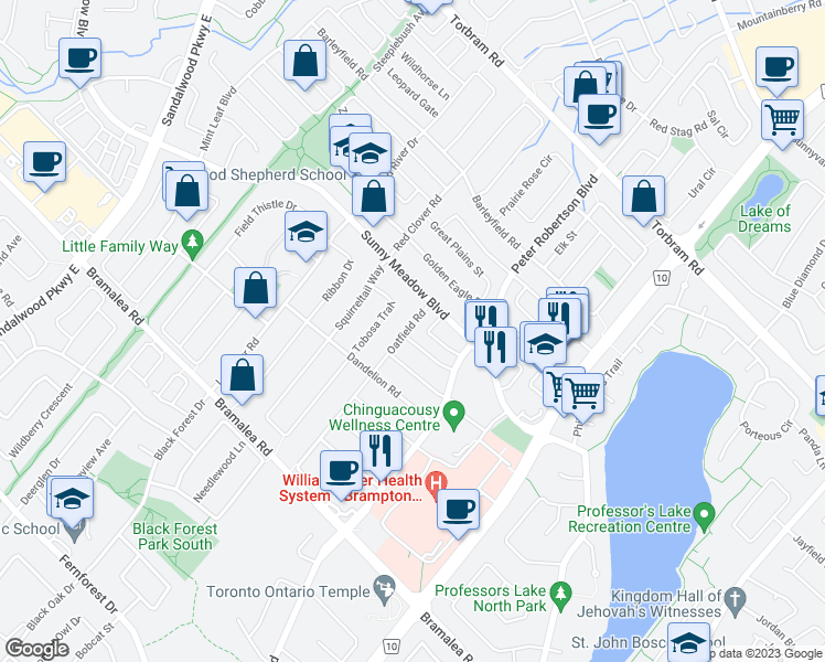 map of restaurants, bars, coffee shops, grocery stores, and more near 123 Oatfield Road in Brampton
