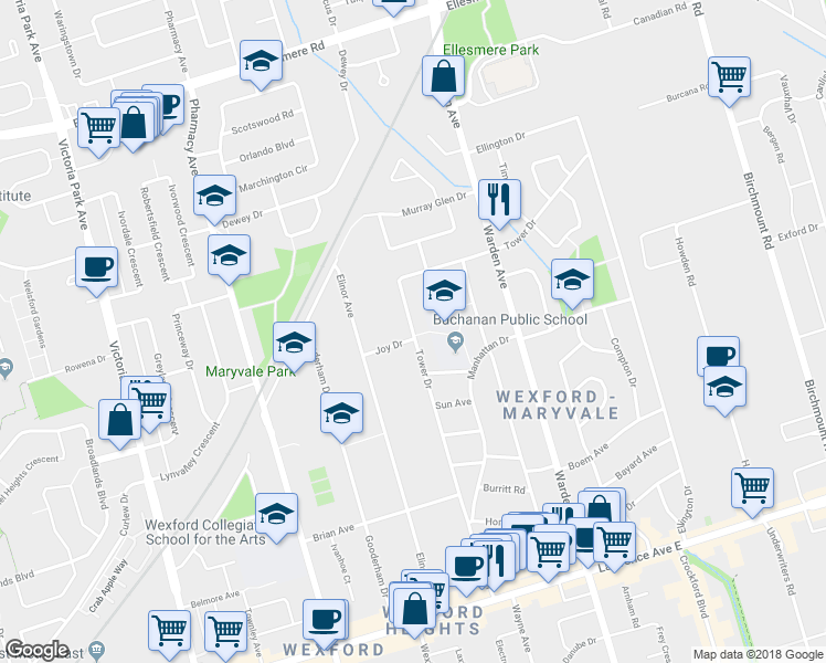 map of restaurants, bars, coffee shops, grocery stores, and more near 136 Tower Drive in Toronto