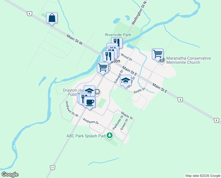 map of restaurants, bars, coffee shops, grocery stores, and more near 22 Edward Street in Drayton