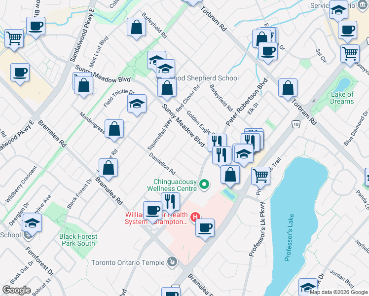 map of restaurants, bars, coffee shops, grocery stores, and more near 123 Oatfield Road in Brampton