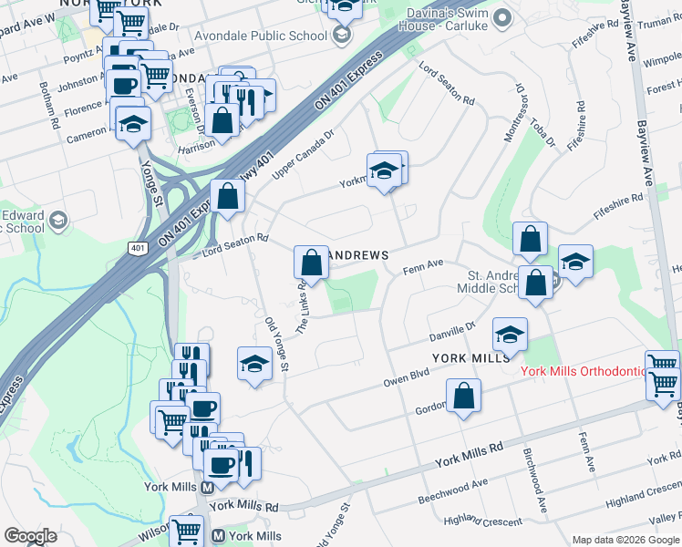 map of restaurants, bars, coffee shops, grocery stores, and more near 95 Lord Seaton Road in Toronto