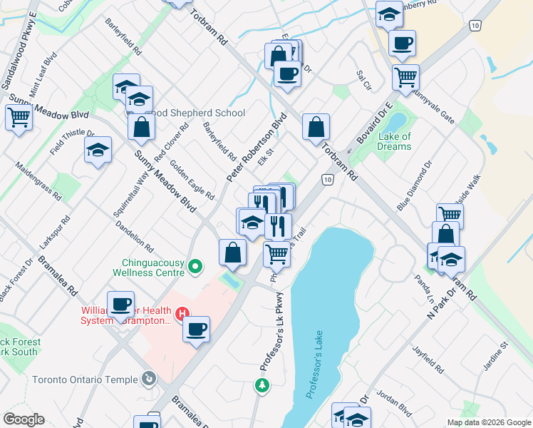 map of restaurants, bars, coffee shops, grocery stores, and more near 65 Giraffe Avenue in Brampton