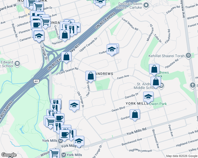 map of restaurants, bars, coffee shops, grocery stores, and more near 93 Lord Seaton Road in Toronto