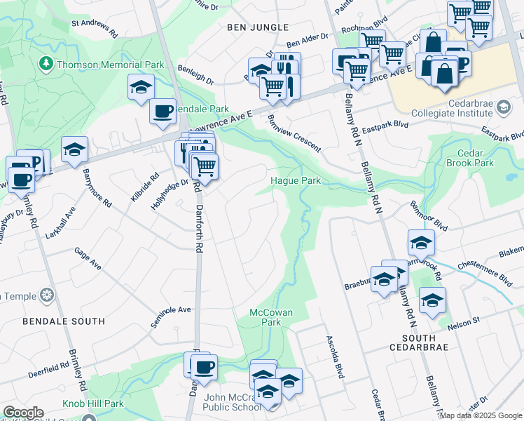 map of restaurants, bars, coffee shops, grocery stores, and more near 35 Rossander Court in Toronto