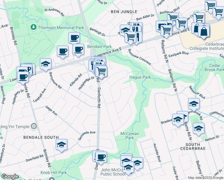 map of restaurants, bars, coffee shops, grocery stores, and more near 57 Perivale Crescent in Toronto