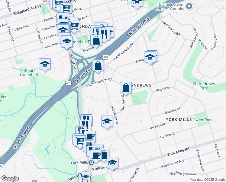 map of restaurants, bars, coffee shops, grocery stores, and more near 29 Upper Canada Drive in Toronto