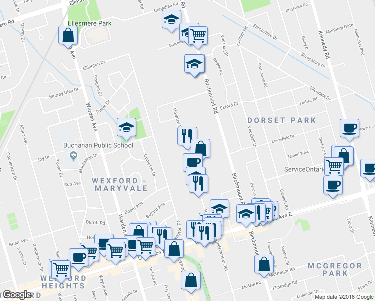 map of restaurants, bars, coffee shops, grocery stores, and more near 80 Howden Road in Toronto