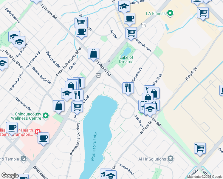 map of restaurants, bars, coffee shops, grocery stores, and more near 4 Piccadilly Place in Brampton