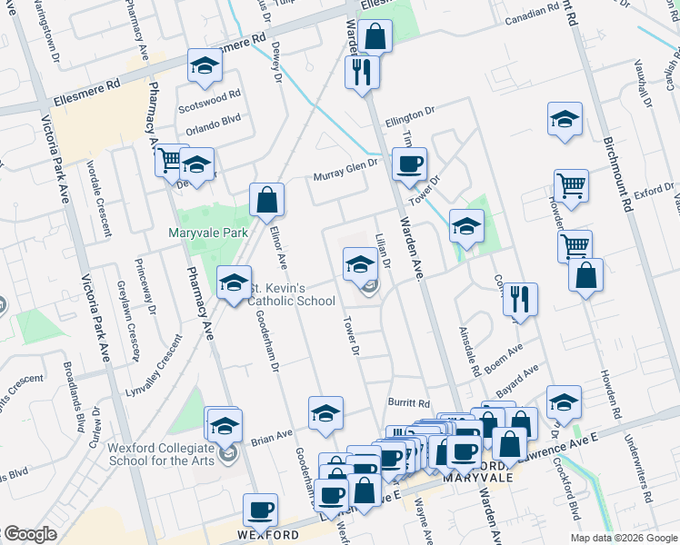 map of restaurants, bars, coffee shops, grocery stores, and more near 139 Tower Drive in Toronto