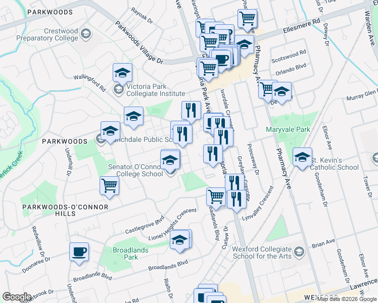 map of restaurants, bars, coffee shops, grocery stores, and more near 20 Welsford Gardens in Toronto