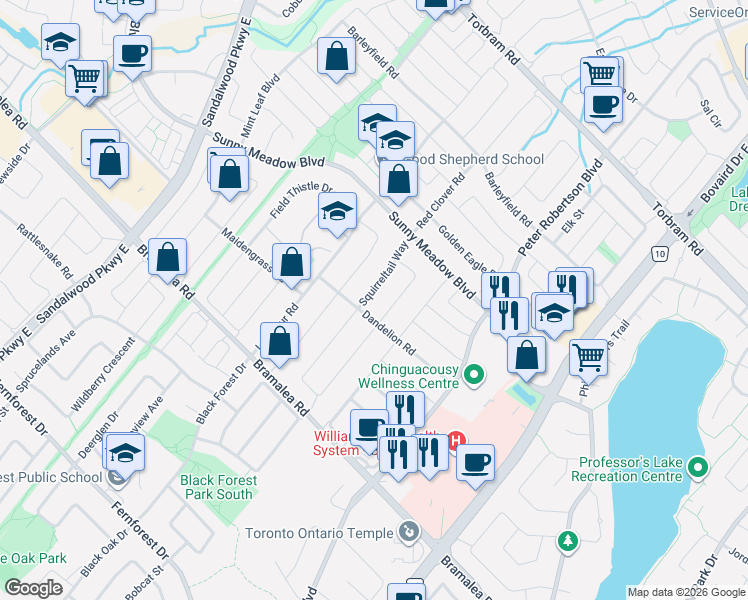 map of restaurants, bars, coffee shops, grocery stores, and more near in Brampton