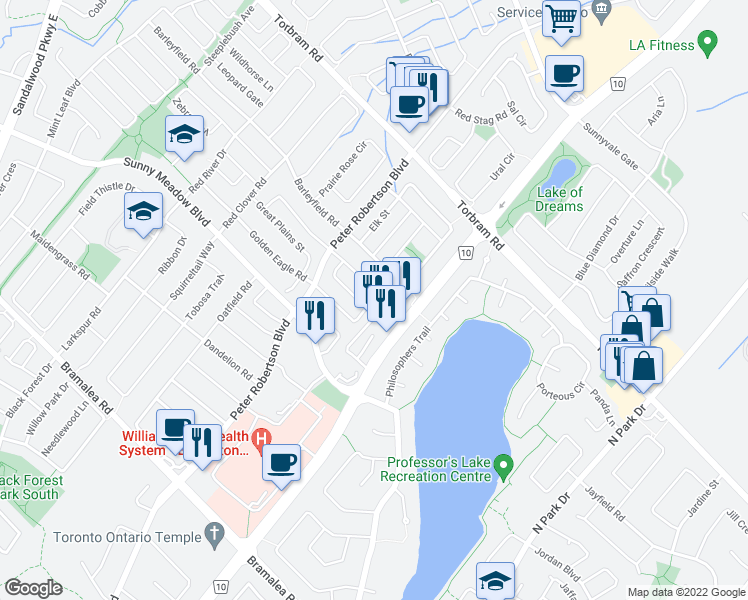 map of restaurants, bars, coffee shops, grocery stores, and more near 61 Giraffe Avenue in Brampton
