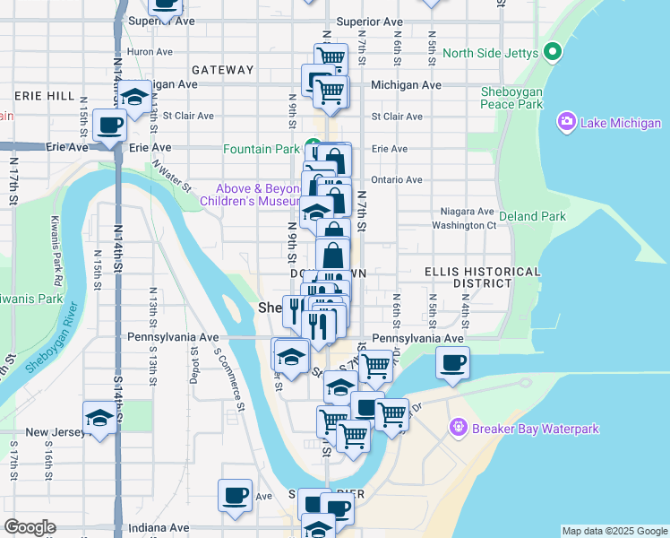 map of restaurants, bars, coffee shops, grocery stores, and more near 710 New York Avenue in Sheboygan