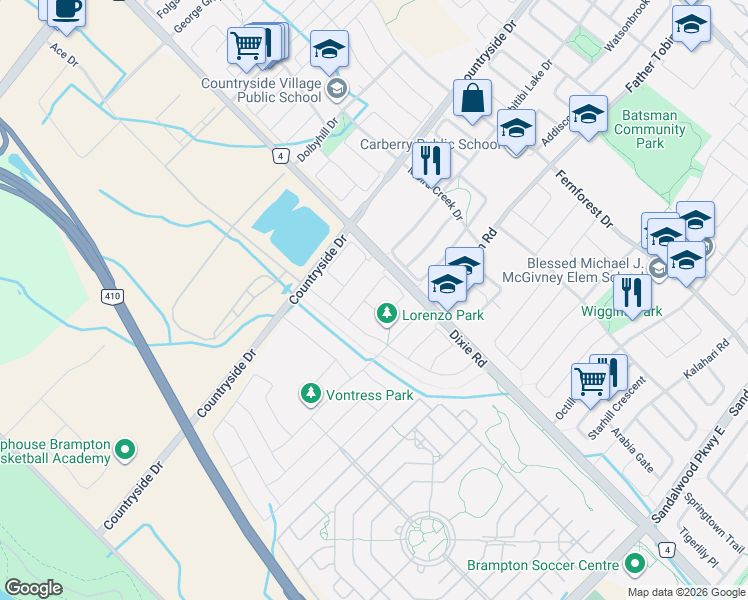 map of restaurants, bars, coffee shops, grocery stores, and more near 69 Lorenzo Circle in Brampton
