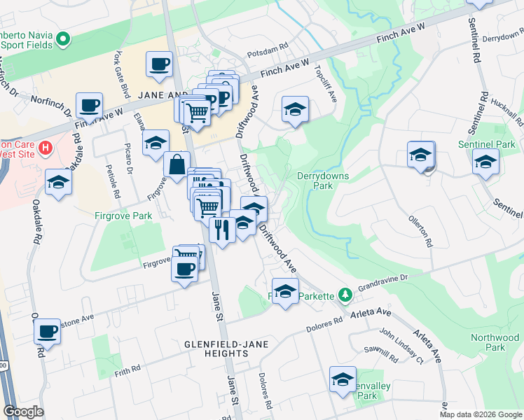 map of restaurants, bars, coffee shops, grocery stores, and more near 19 London Green Court in Toronto