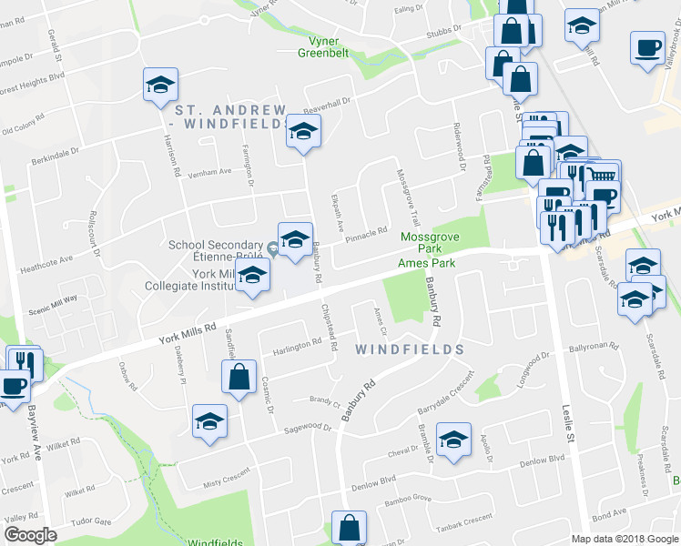 map of restaurants, bars, coffee shops, grocery stores, and more near 15 Mossgrove Trail in Toronto