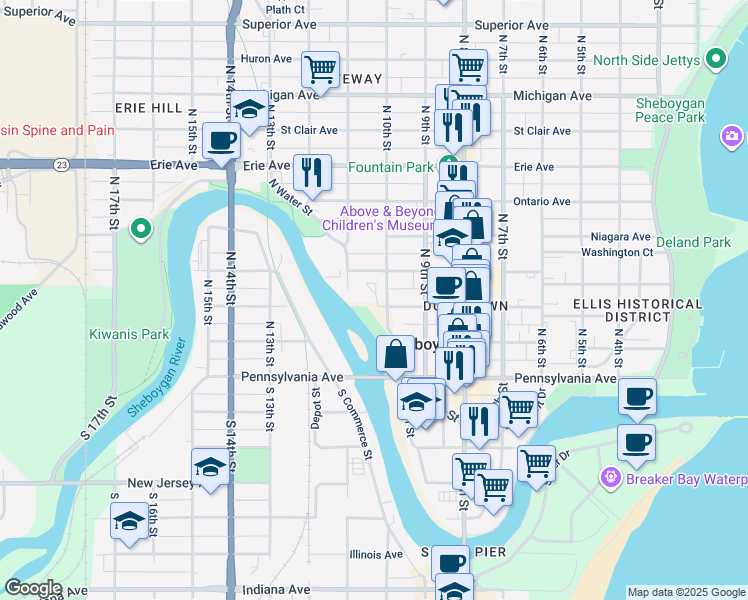 map of restaurants, bars, coffee shops, grocery stores, and more near 650 North Water Street in Sheboygan