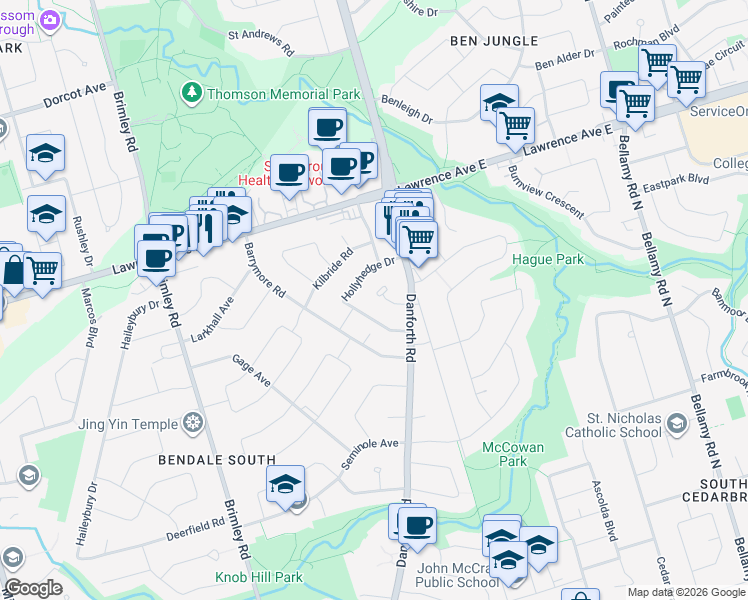 map of restaurants, bars, coffee shops, grocery stores, and more near 16 Furlong Court in Toronto