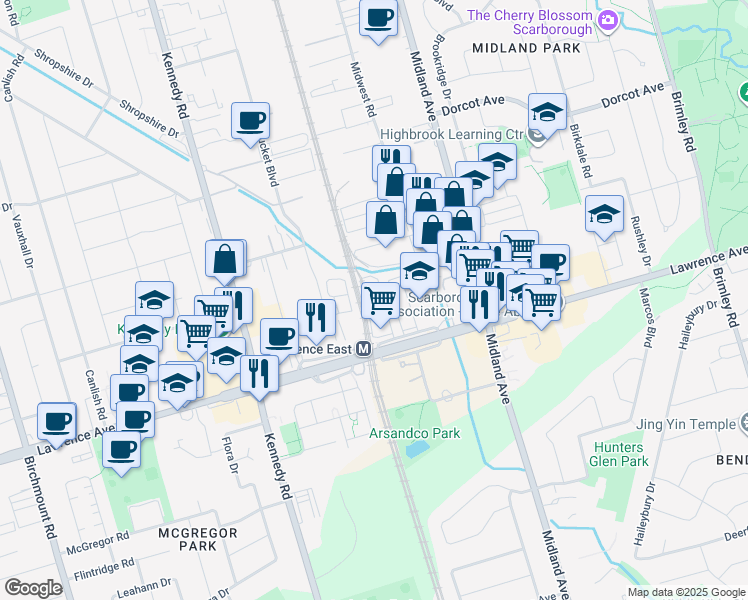 map of restaurants, bars, coffee shops, grocery stores, and more near 2450 Lawrence Avenue East in Toronto