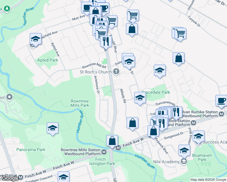 map of restaurants, bars, coffee shops, grocery stores, and more near 2887 Islington Avenue in Toronto