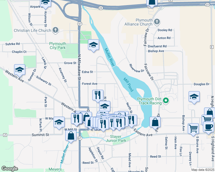 map of restaurants, bars, coffee shops, grocery stores, and more near 315 Forest Avenue in Plymouth
