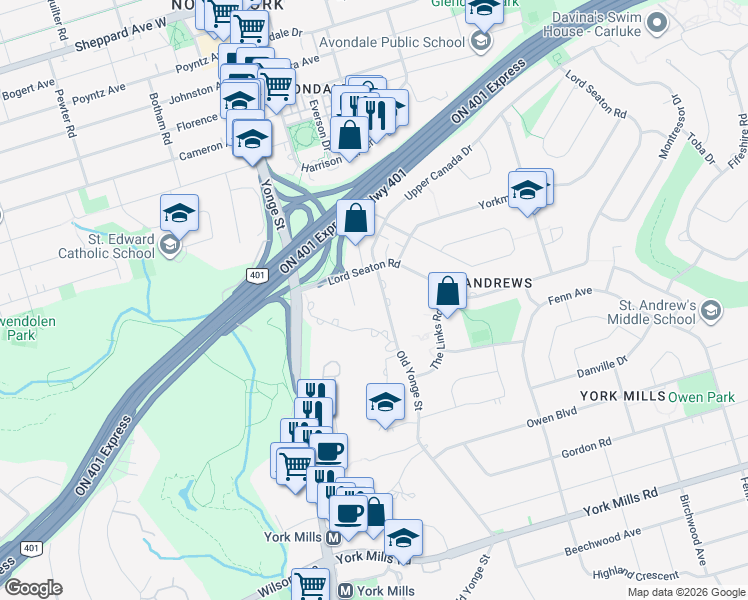 map of restaurants, bars, coffee shops, grocery stores, and more near 28 Upper Canada Drive in Toronto